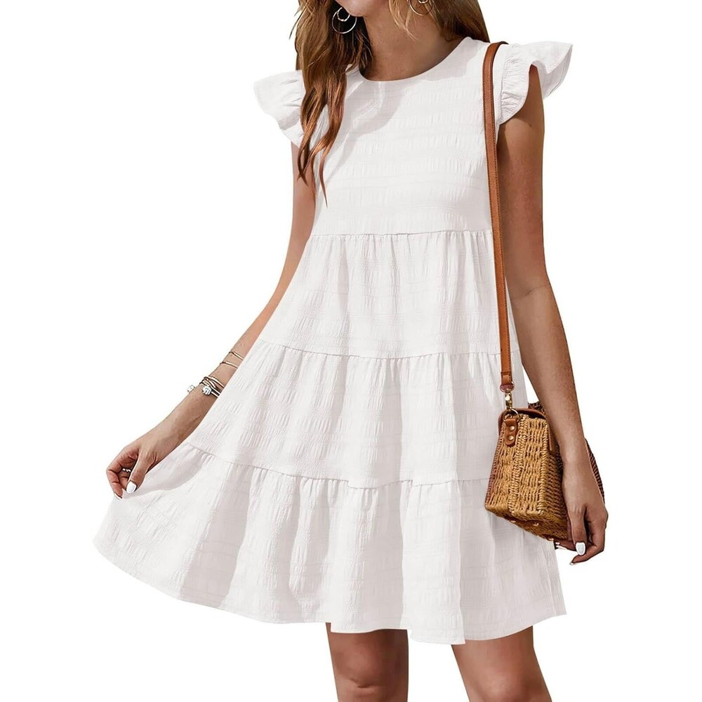 Women's Sundress LARGE White Ruffle Sleeve Mini Babydoll Flowy Summer Dress